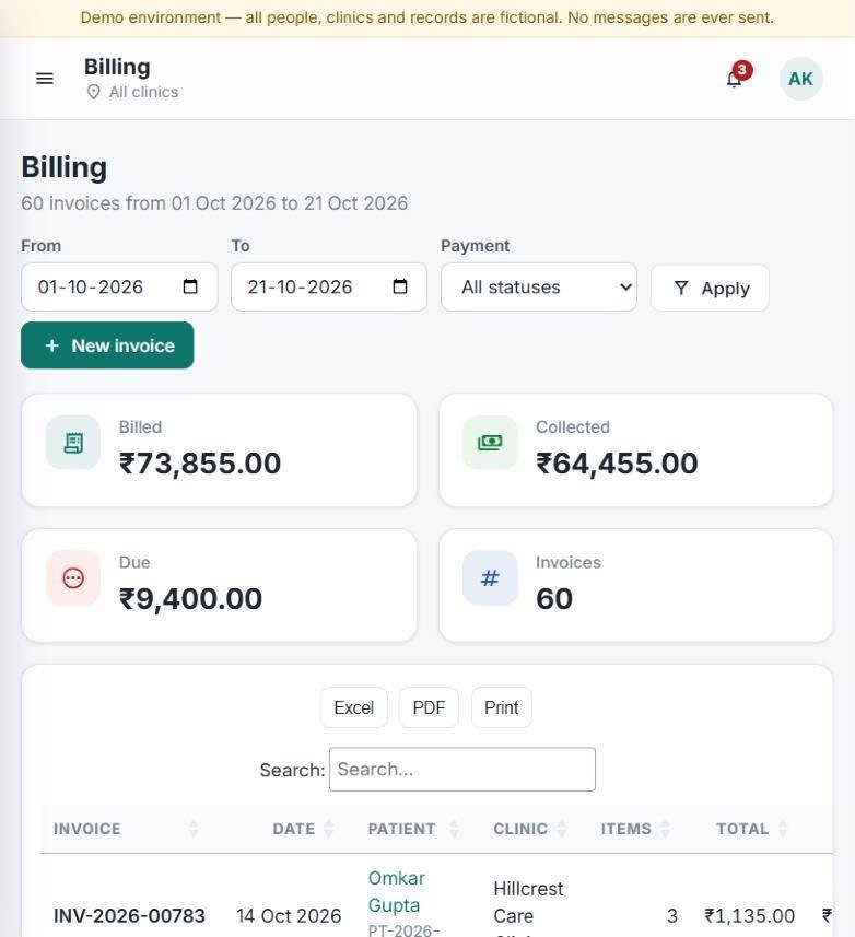 Clinic ERP billing: billed, collected and due for the period