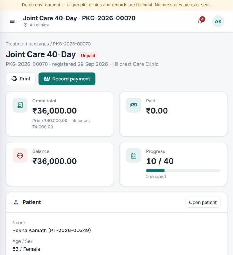 Clinic ERP treatment package: Joint Care 40-Day with balance and 10 of 40 sessions done